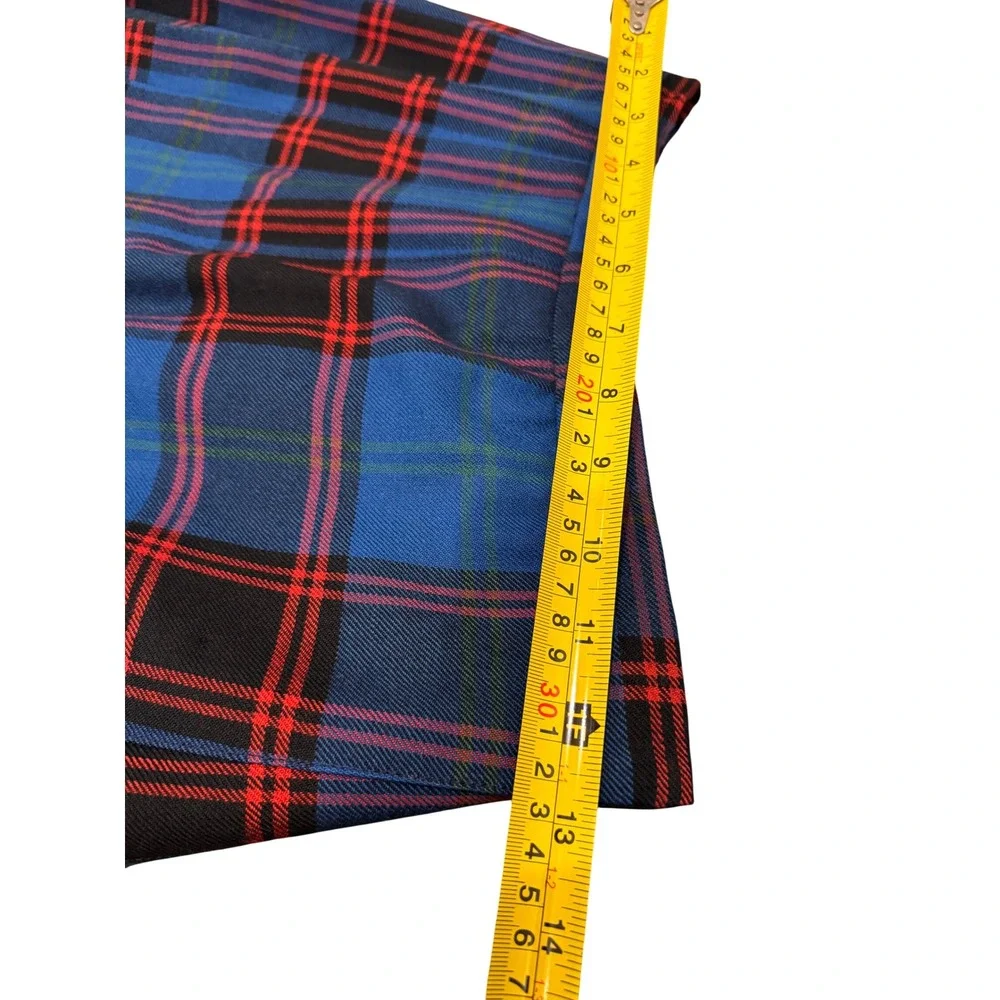 Vintage Ellen Tracy 100% Pure Wool Plaid‎ Pleated Midi Skirt Blue Red Size 7/8
